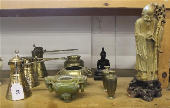 Two Ciroware pots, soapstone figure & censor etc.